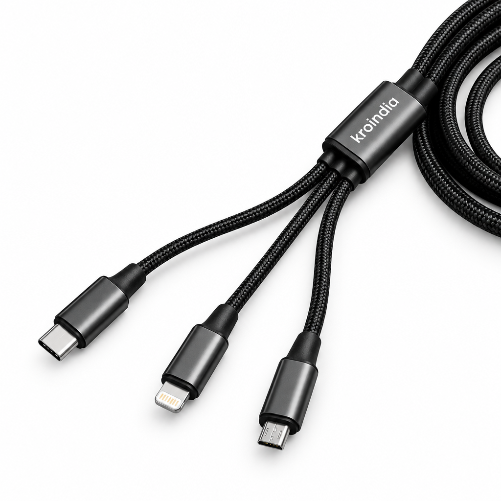 Kroindia 3-in-1 Braided Charging Cable – USB-C, Lightning & Micro-USB Universal Cable