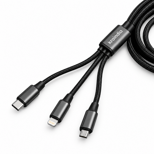 Kroindia 3-in-1 Braided Charging Cable – USB-C, Lightning & Micro-USB Universal Cable